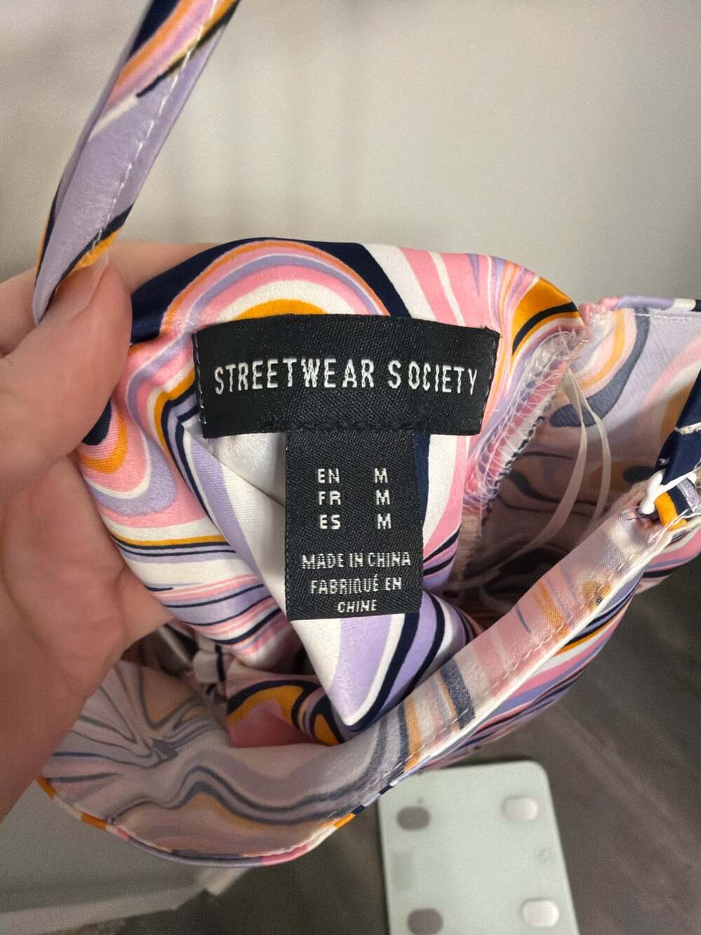 Streetwear Society Size M Multi-Color Swirl Print Satin Halter Crop Top - Picture 3 of 4